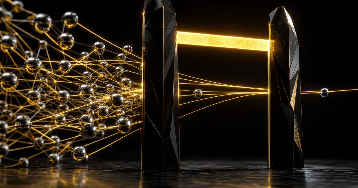 A gate of black pillars with a gold light beam, filtering a dense network down to a few paths