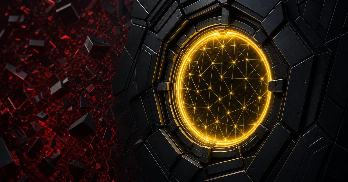 Faceted black monolith split by a seam of gold light, a gate in the dark