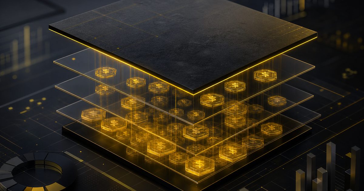 Stacked glass vessels filled with glowing gold liquid at different levels, a budget meter