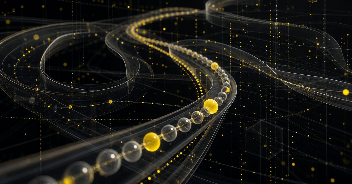 Streams of gold light traced across a dark reflective plane, run telemetry made visible