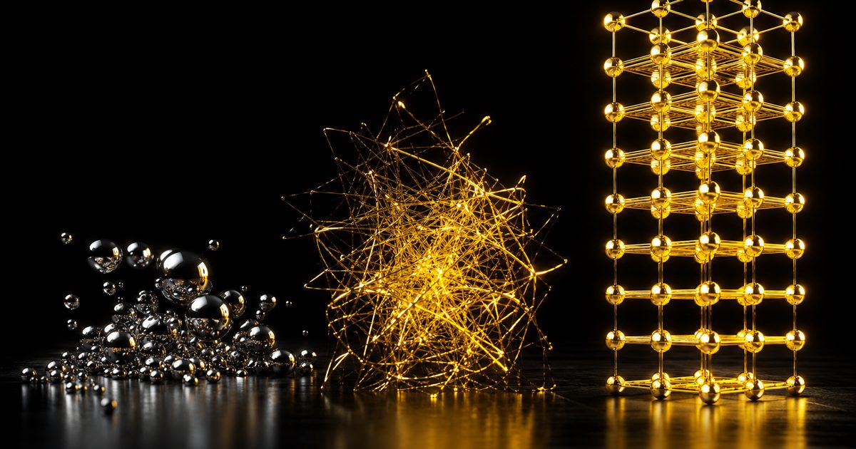 Three structures side by side: scattered chrome spheres, a tangled gold web, and an ordered gold lattice