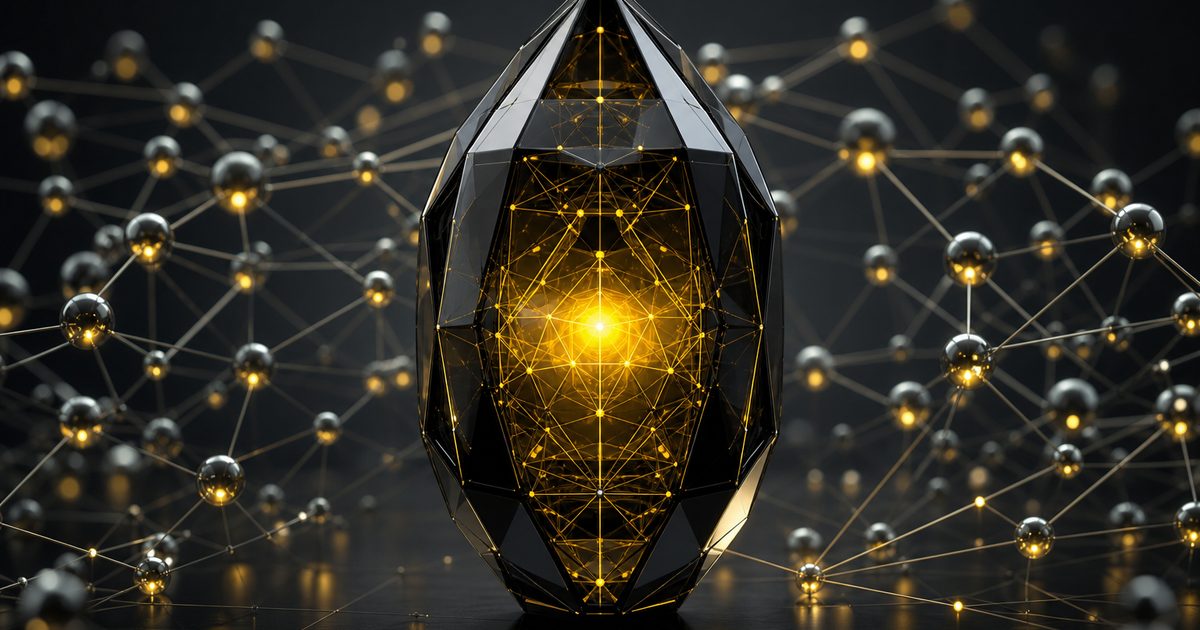 Faceted black crystal glowing gold at its core, surrounded by a lattice of light