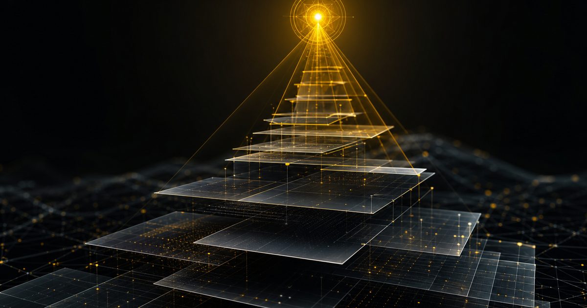 Ordered gold lattice tower rising out of darkness, the shape of a role catalog